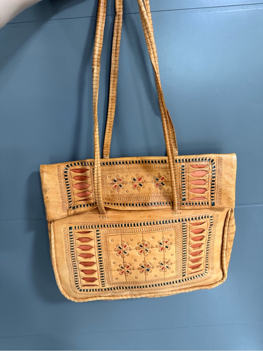 Handcrafted Tan Leather Hand-Tooled Shoulder Bag from Morocco